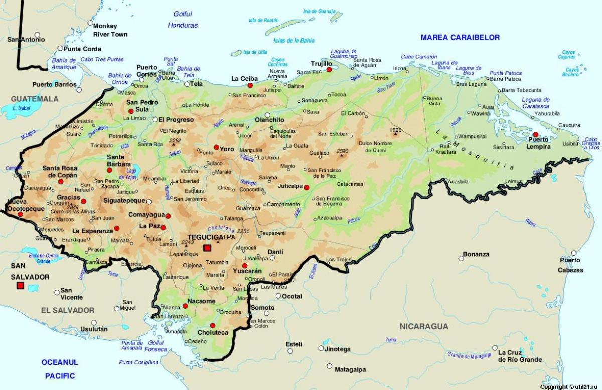 Honduras Mapa Del País Mapa De Honduras Y Los Países Vecinos América 7306